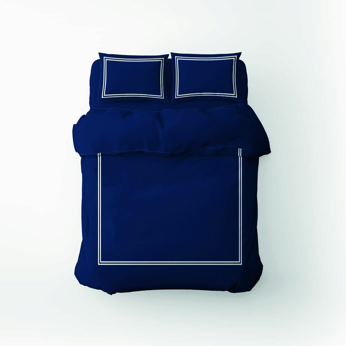 Housse de couette + 2 taies d'oreiller satin de coton - Annecy Blanc / Bleu fonce - 240 x 220 cm + 2 x (63 x 63 cm)
