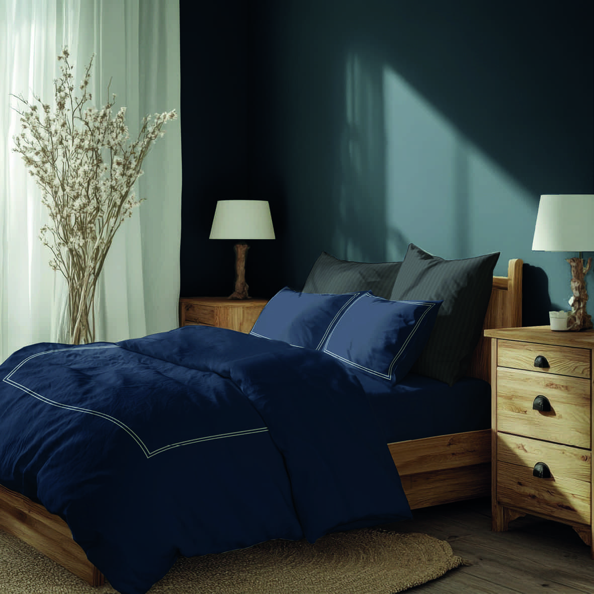 Drap plat satin de coton - Annecy Blanc / Bleu fonce - 240 x 300 cm – Image 3