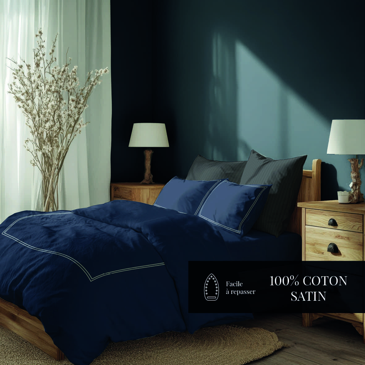 Drap plat satin de coton - Annecy Blanc / Bleu fonce - 240 x 300 cm – Image 4