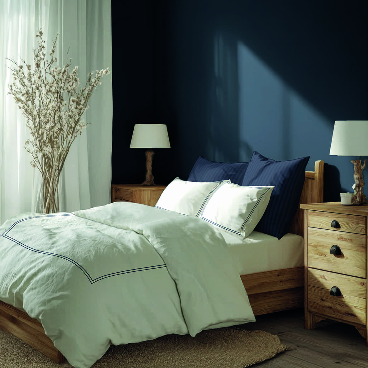 Drap plat satin de coton - Annecy Bleu fonce / Blanc - 240 x 300 cm – Image 3