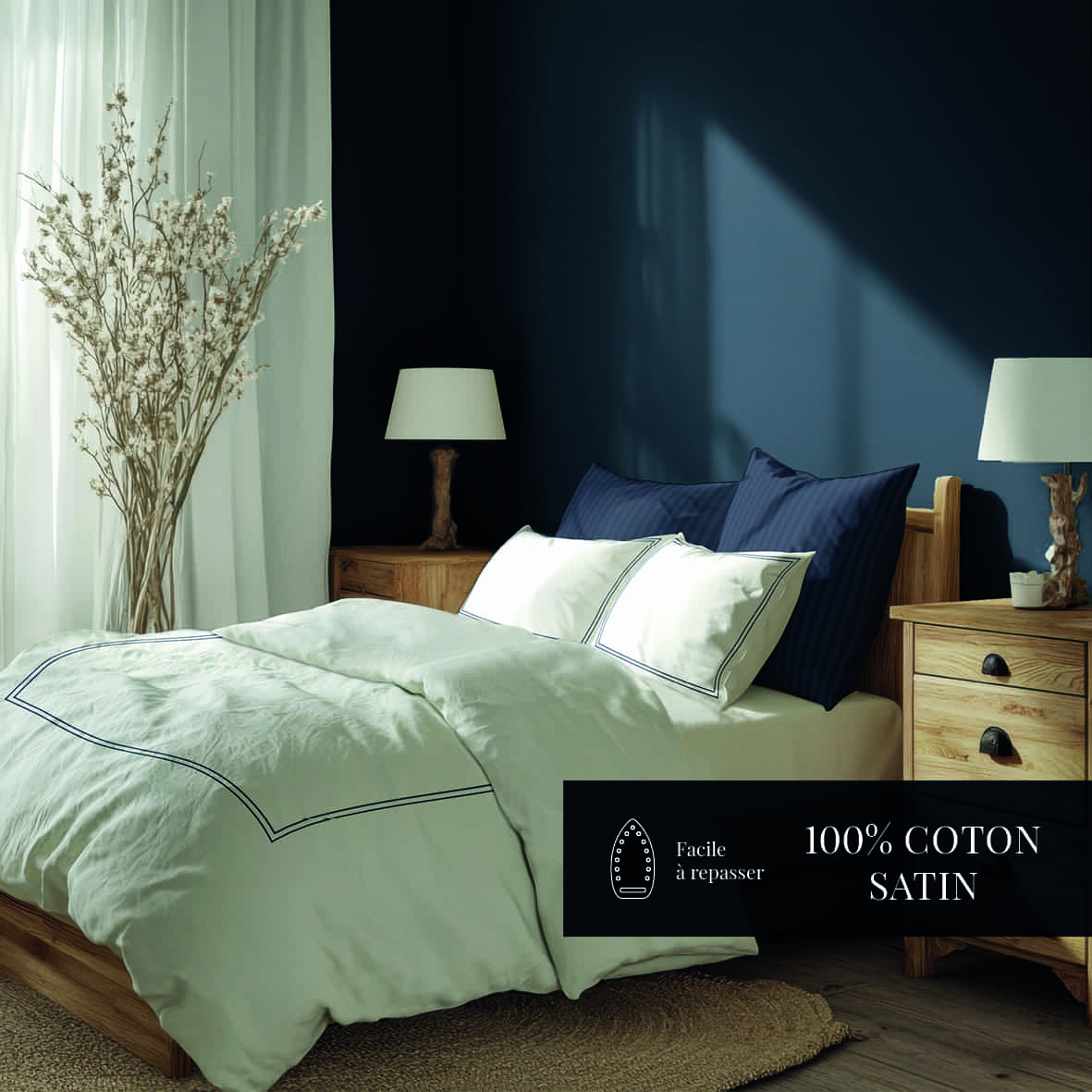 Drap plat satin de coton - Annecy Bleu fonce / Blanc - 240 x 300 cm – Image 4