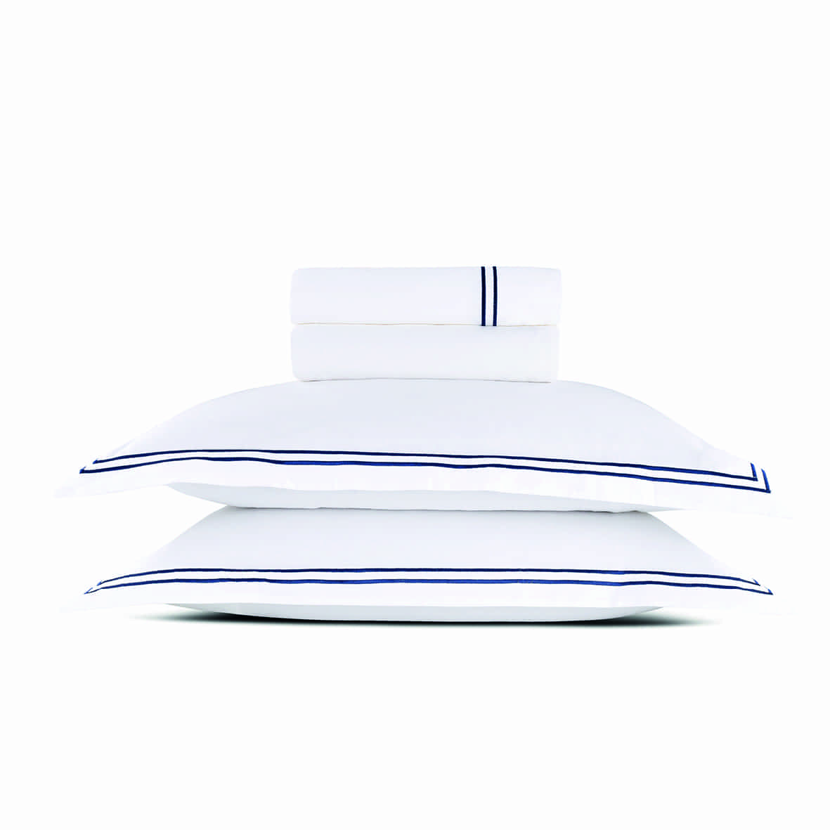 Ensemble de draps satin de coton - Annecy Bleu fonce / Blanc - 230 x 290 cm + 180 x 200 x 30 cm + 2 x (50 x 80 cm)