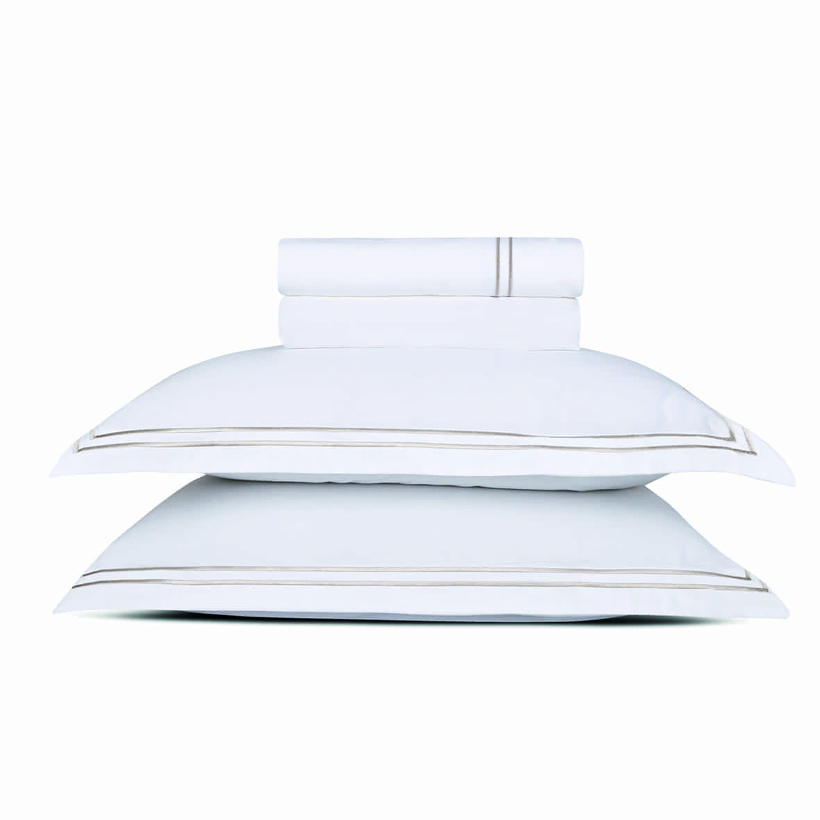 Ensemble de draps satin de coton - Annecy Taupe / Blanc - 230 x 290 cm + 180 x 200 x 30 cm + 2 x (50 x 80 cm)