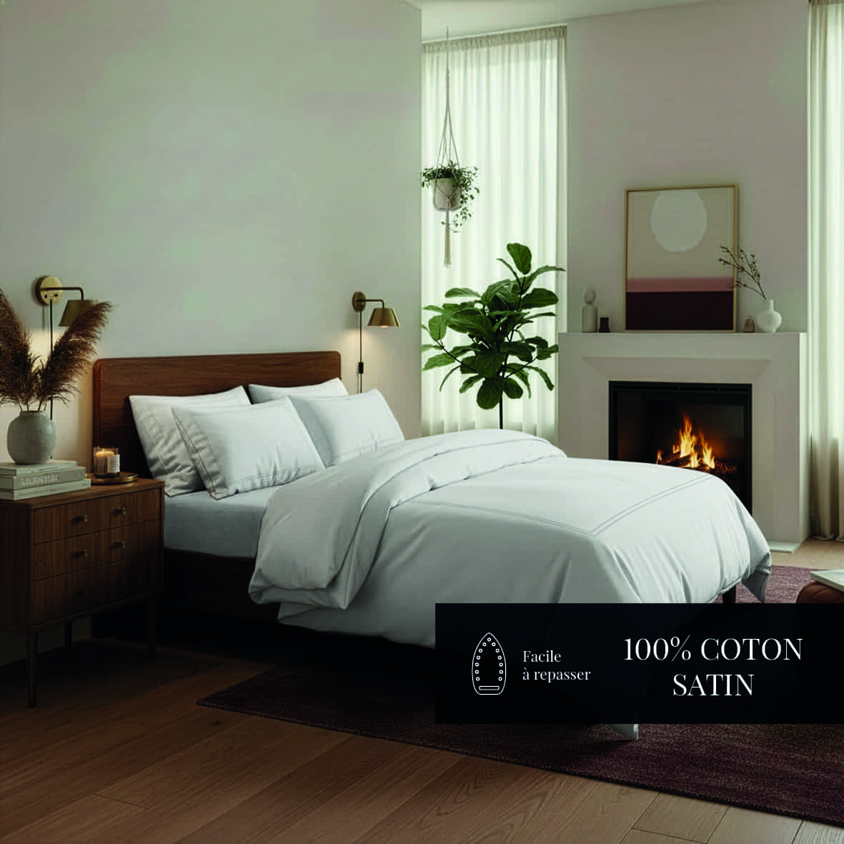 Drap plat satin de coton - Annecy Grey / Blanc - 240 x 300 cm – Image 4