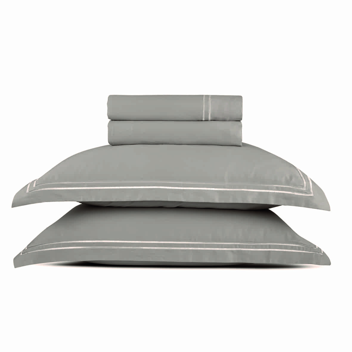 Ensemble de draps satin de coton - Annecy Blanc / Taupe - 230 x 290 cm + 180 x 200 x 30 cm + 2 x (50 x 80 cm)