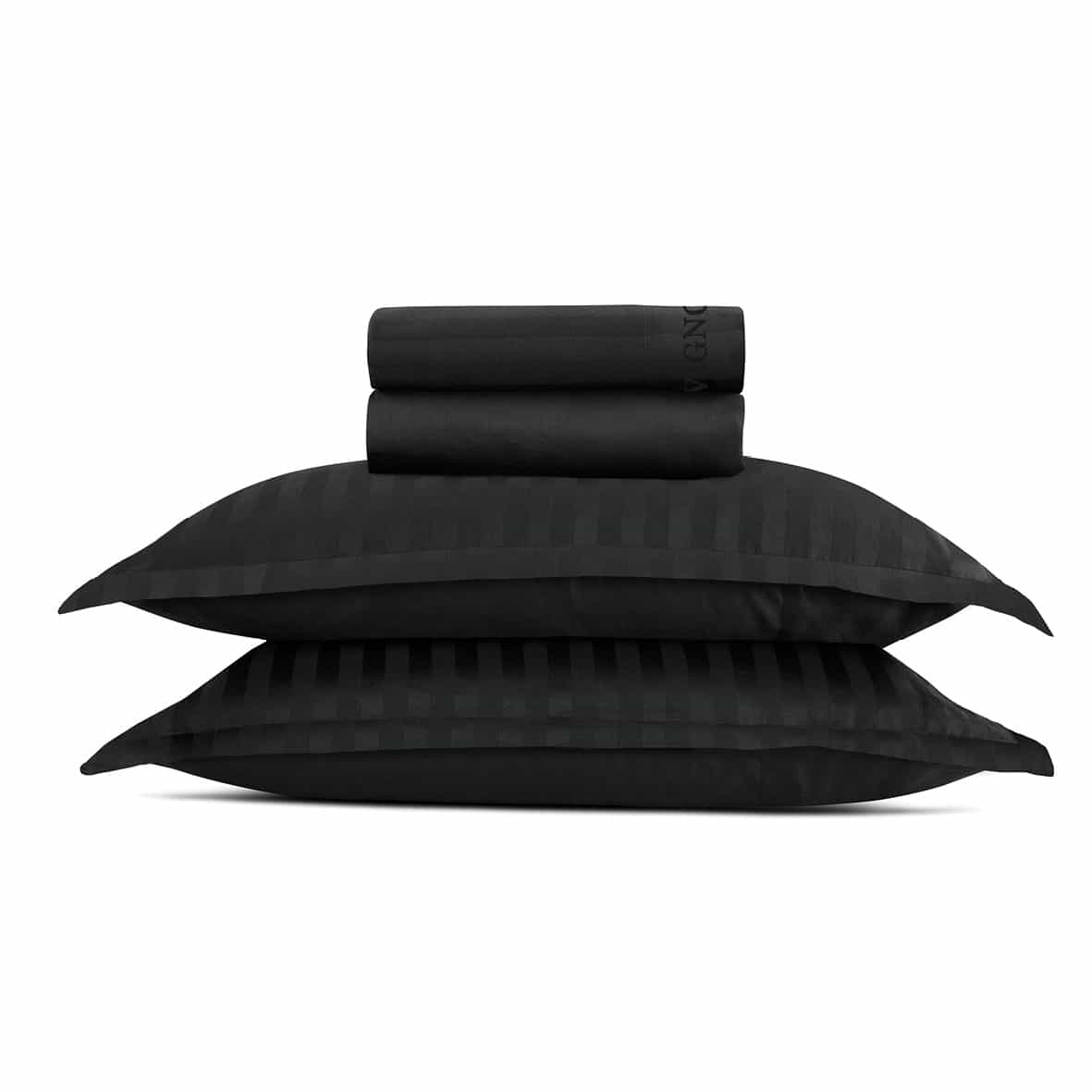 Ensemble de draps satin de coton rayure tissé dobby -  Gris 03 - 240 x 300 cm + 180 x 200 x 30 cm + 2 x (50 x 70 cm)