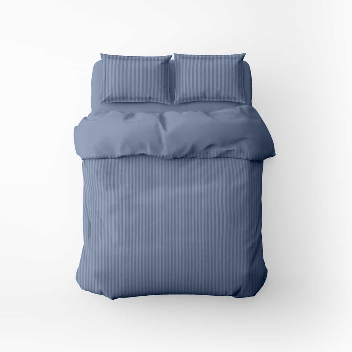 Housse de couette + 2 taies d'oreiller satin de coton rayure tissé dobby -  Bleu 06 - 260 x 240 cm + 2 x (63 x 63 cm)