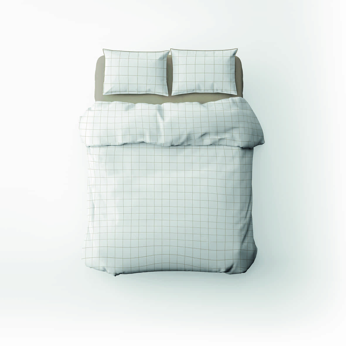 Housse de couette + 2 taies d'oreiller satin de coton - Carreaux minimalistes Blanc / Taupe - 260 x 240 cm + 2 x (63 x 63 cm)