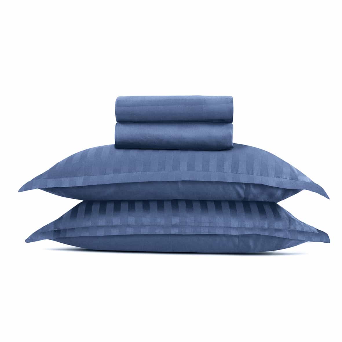 Ensemble de draps satin de coton rayure tissé dobby -  Bleu 06 - 240 x 300 cm + 2 x (90 x 200 x 30 cm) + 2 x (63 x 63 cm)