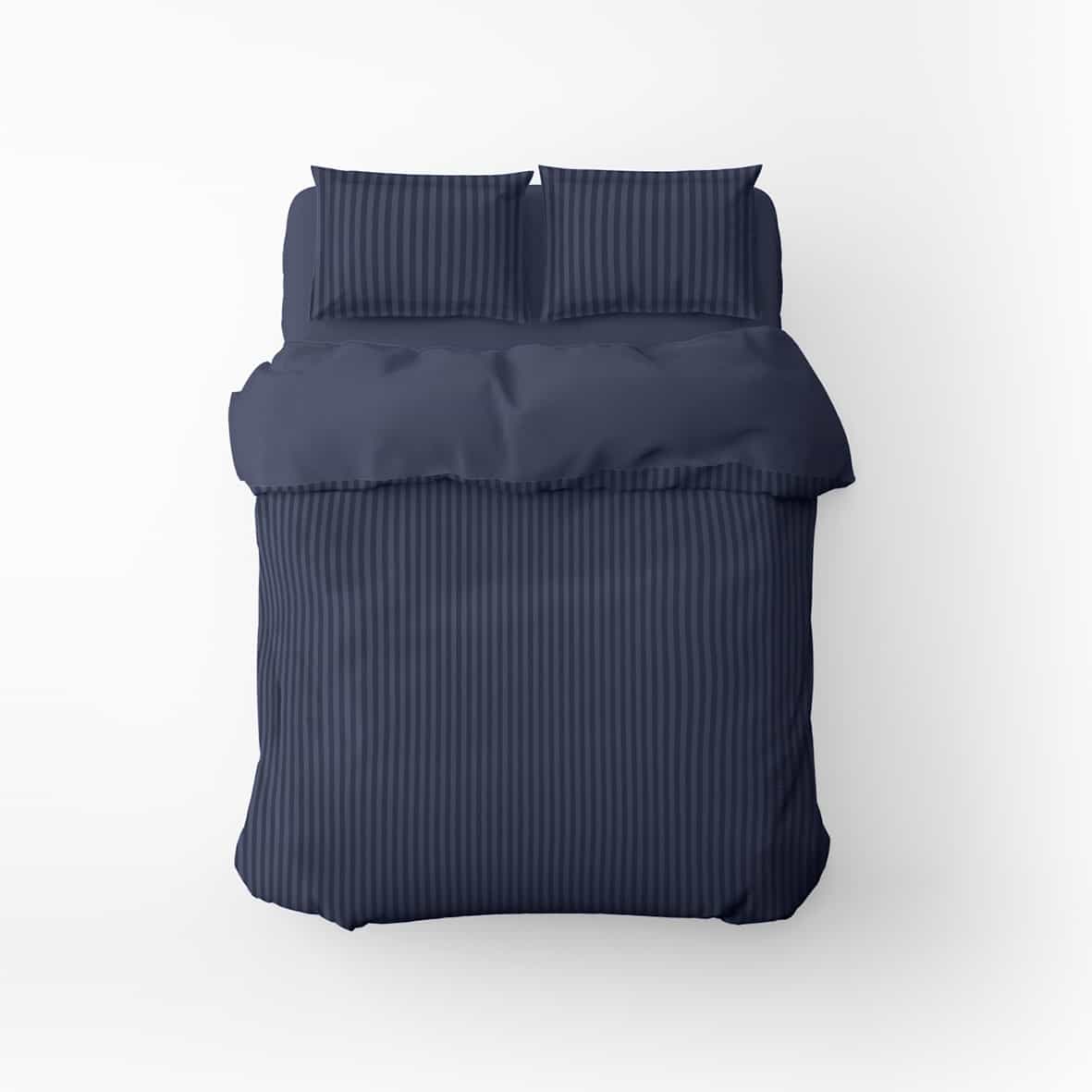 Housse de couette + 2 taies d'oreiller satin de coton rayure tissé dobby -  Bleu 11 - 260 x 240 cm + 2 x (63 x 63 cm)