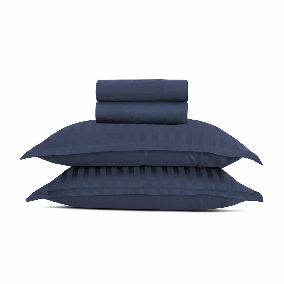 Ensemble de draps satin de coton rayure tissé dobby -  Bleu 11 - 240 x 300 cm + 180 x 200 x 30 cm + 2 x (50 x 70 cm)