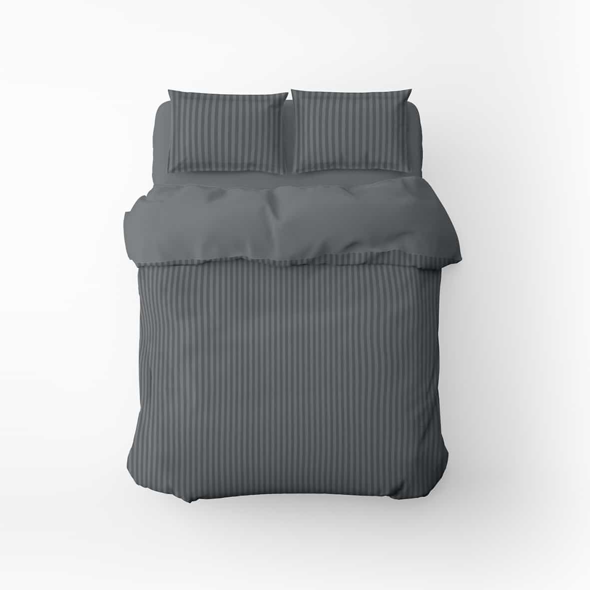 Housse de couette + 2 taies d'oreiller satin de coton rayure tissé dobby -  Gris 02 - 260 x 240 cm + 2 x (63 x 63 cm)