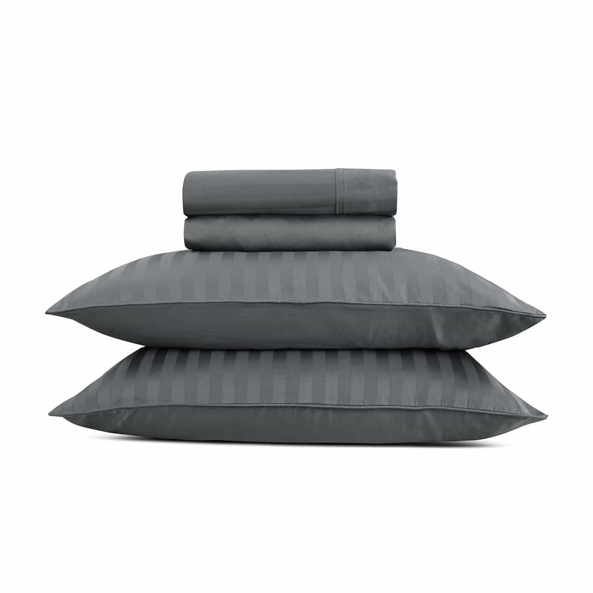 Ensemble de draps satin de coton rayure tissé dobby -  Gris 02 - 240 x 300 cm + 180 x 200 x 30 cm + 2 x (50 x 70 cm)