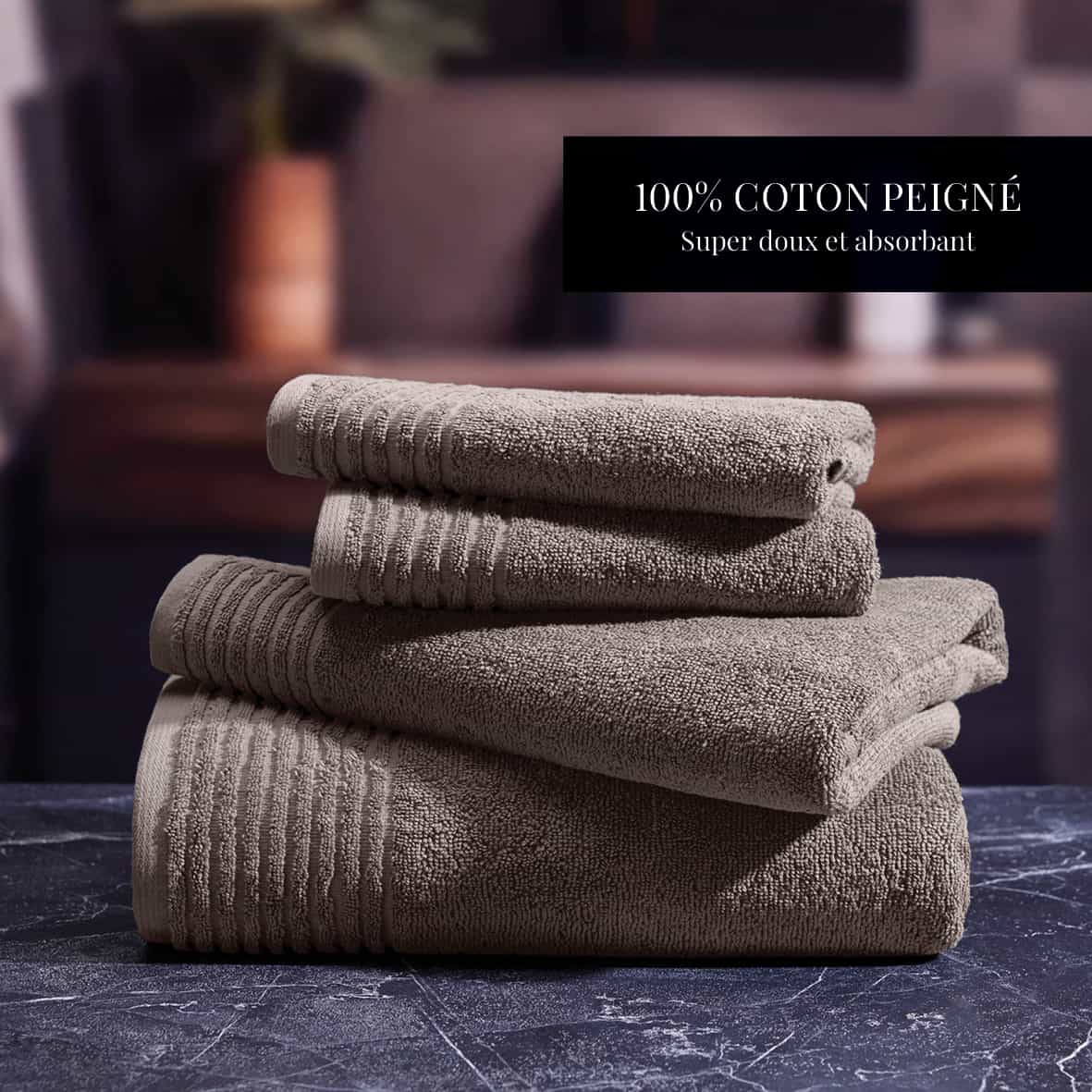 Serviette + drap de bain coton peigné LT - Ecume Brun - 2 x (50 x 100 cm) + 2 x (70 x 140 cm) – Image 4