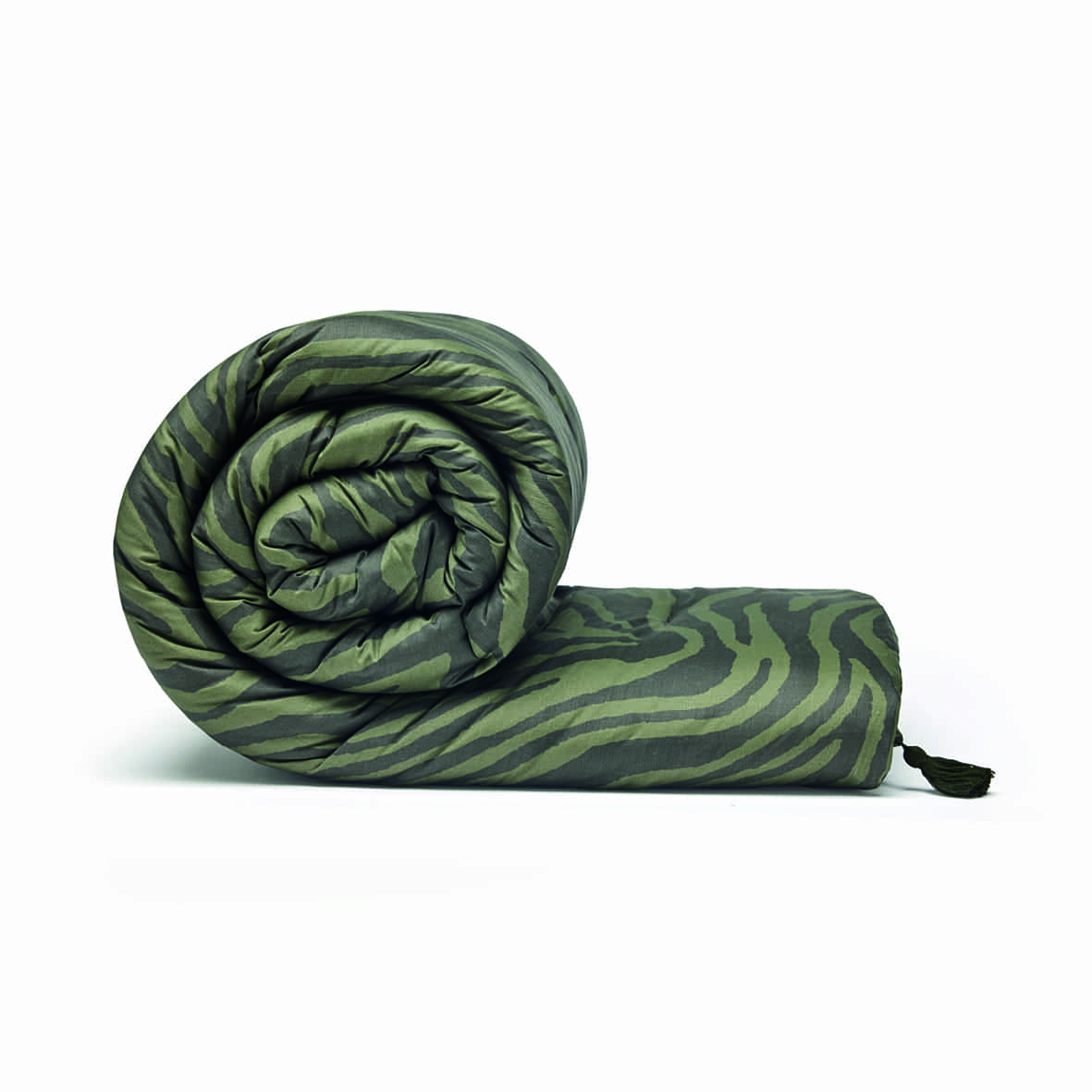 Édredon avec glands satin de coton Evasion zébrée Vert foncé - 140 x 200 cm