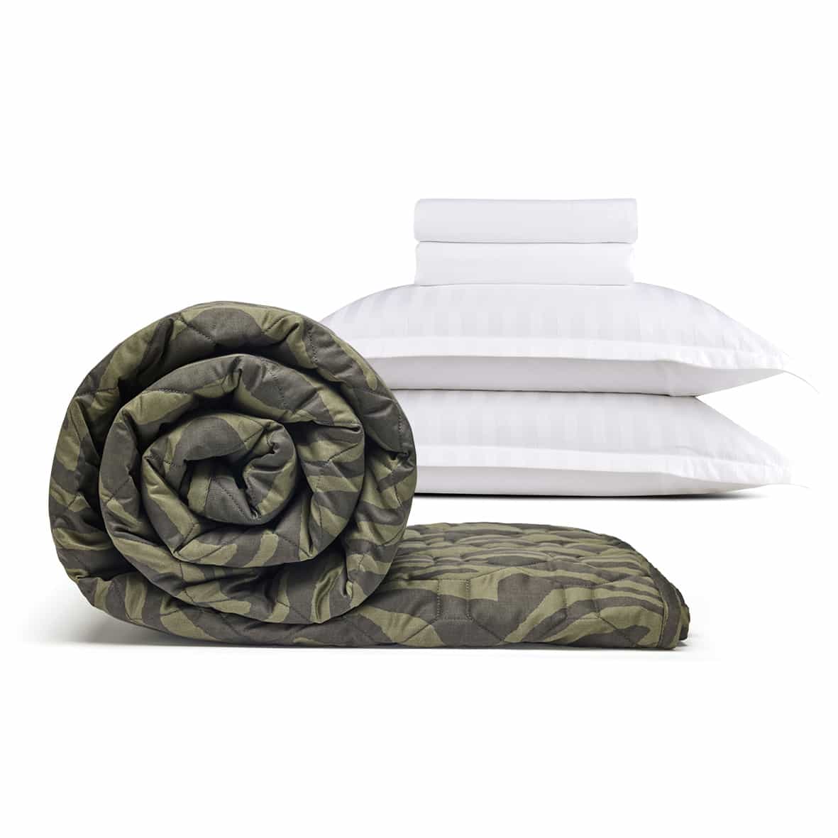 Ensemble de draps + couvre-lit de cotton satin - Dobby stripe woven / Evasion zébrée Blanc / Vert foncé