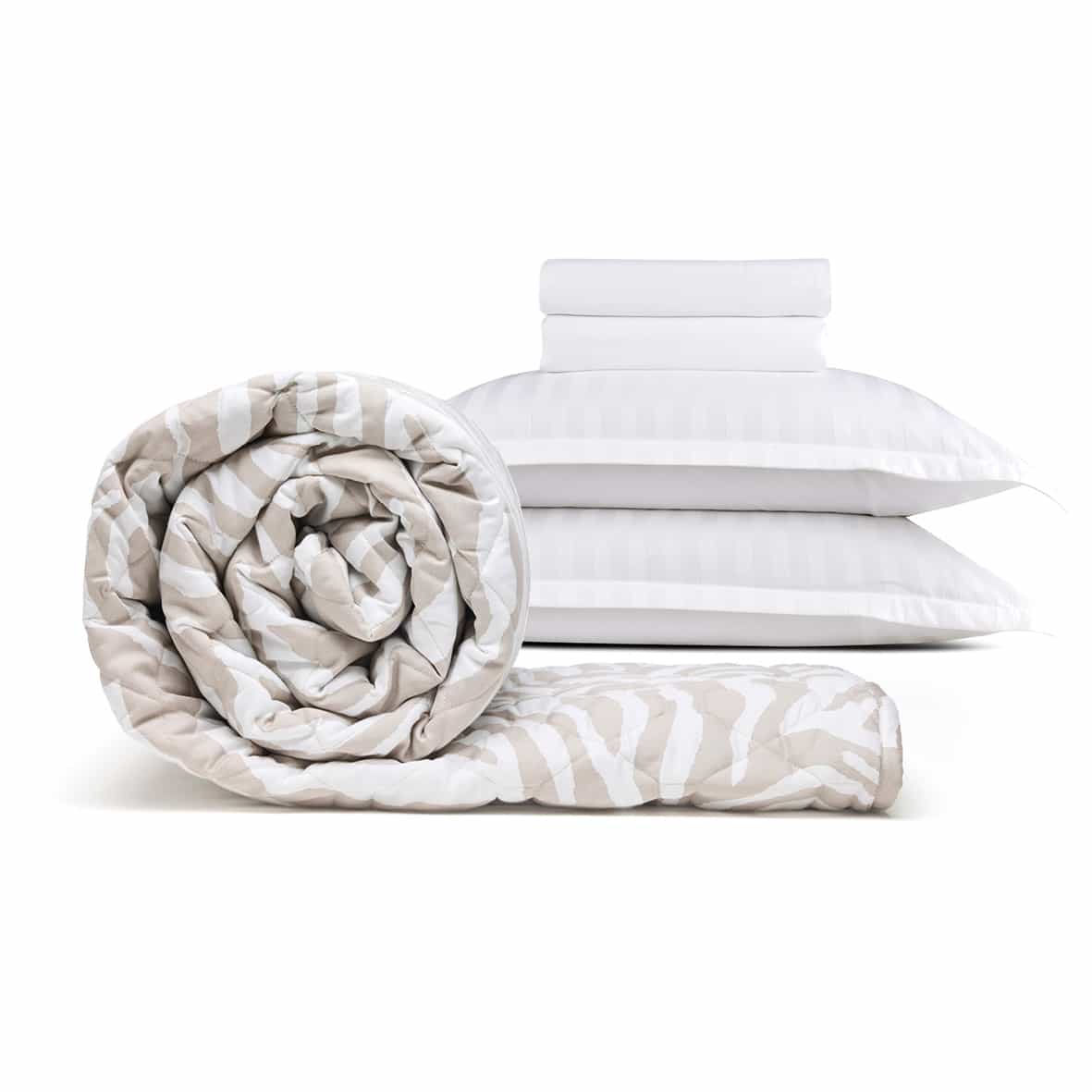 Ensemble de draps + couvre-lit de cotton satin - Dobby stripe woven / Evasion zébrée Blanc / Taupe