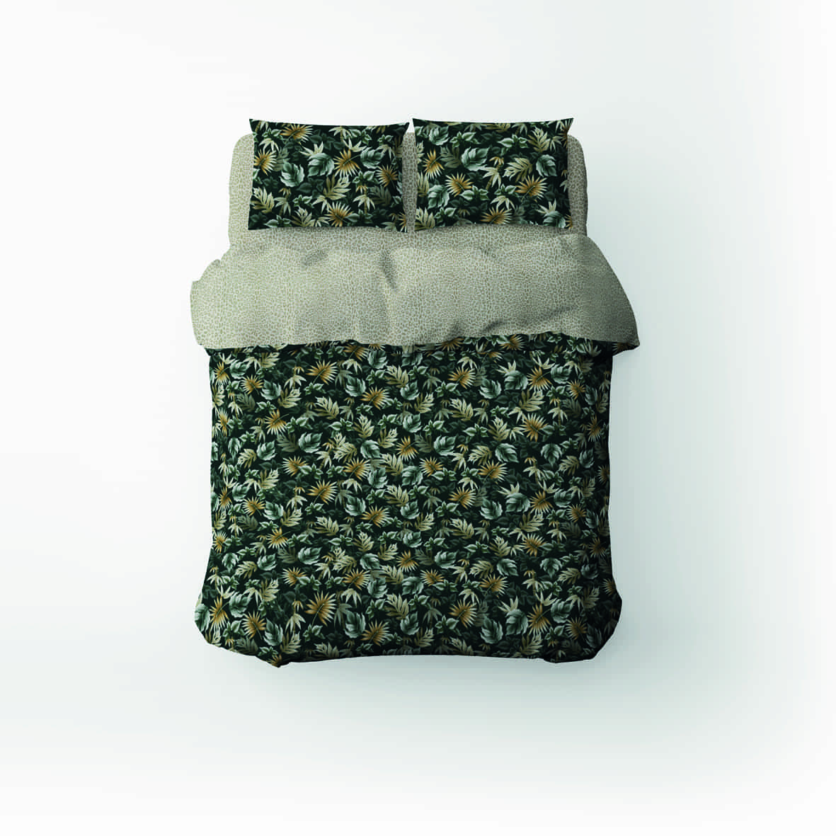 Housse de couette + taie d'oreiller satin de coton - Nuit tropicale Kaki - 260 x 240 cm + 2 x (63 x 63 cm)