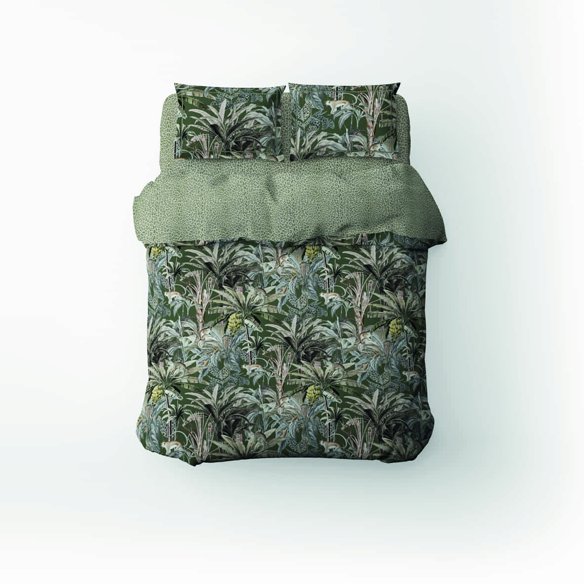 Housse de couette + taie d'oreiller satin de coton - Safari botanique Vert - 260 x 240 cm + 2 x (63 x 63 cm)